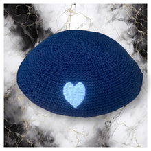 Load image into Gallery viewer, KIPPAH - CROCHET BLACK NAVY WHITE HEART