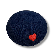 Load image into Gallery viewer, KIPPAH - CROCHET NAVY WITH RED HEART