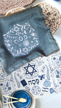 Load image into Gallery viewer, LINEN EMBROIDERY PESACH MATZAH COVER -SAPHIRA BLUE