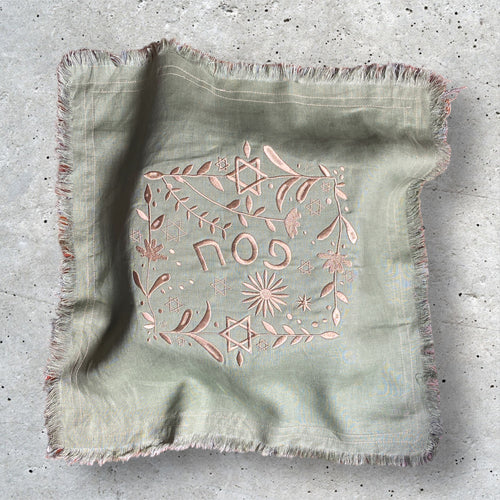 LINEN EMBROIDERY PESACH MATZAH COVER - CARMELA OLIVE