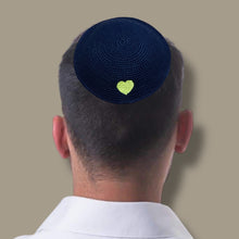 Load image into Gallery viewer, KIPPAH - CROCHET NAVY WITH YELLOW HEART