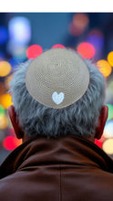 Load image into Gallery viewer, KIPPAH - BEIGE CROCHET WHITE HEART