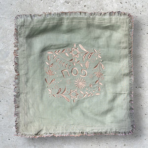 LINEN EMBROIDERY PESACH MATZAH COVER - CARMELA OLIVE