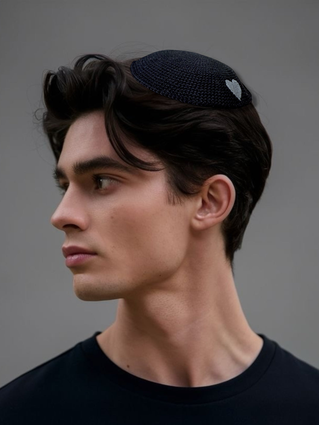KIPPAH - BLACK CROCHET GREY HEART