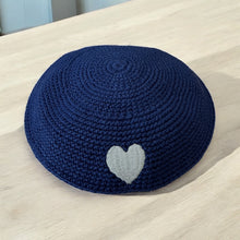 Load image into Gallery viewer, KIPPAH - CROCHET NAVY CREAM HEART
