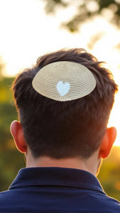 KIPPAH - BEIGE CROCHET WHITE HEART