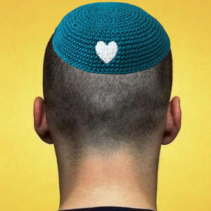 KIPPAH - CROCHET TEAL WHITE HEART