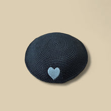 Load image into Gallery viewer, KIPPAH - BLACK CROCHET GREY HEART