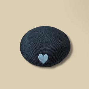 KIPPAH - BLACK CROCHET GREY HEART