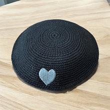 Load image into Gallery viewer, KIPPAH - BLACK CROCHET GREY HEART