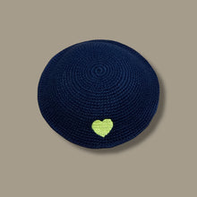 Load image into Gallery viewer, KIPPAH - CROCHET NAVY WITH YELLOW HEART