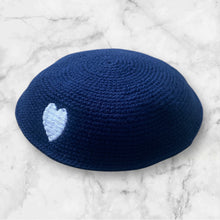 Load image into Gallery viewer, KIPPAH - CROCHET BLACK NAVY WHITE HEART