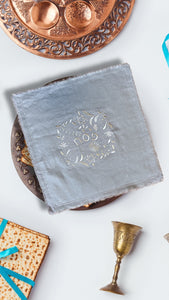 LINEN PESACH MATZAH COVER - BLUE SILVER