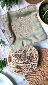 LINEN EMBROIDERY PESACH MATZAH COVER - CARMELA OLIVE