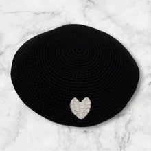 Load image into Gallery viewer, KIPPAH - BLACK CROCHET WHITE HEART