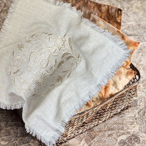 LINEN EMBROIDERY PESACH MATZAH COVER - SARAH NATURAL